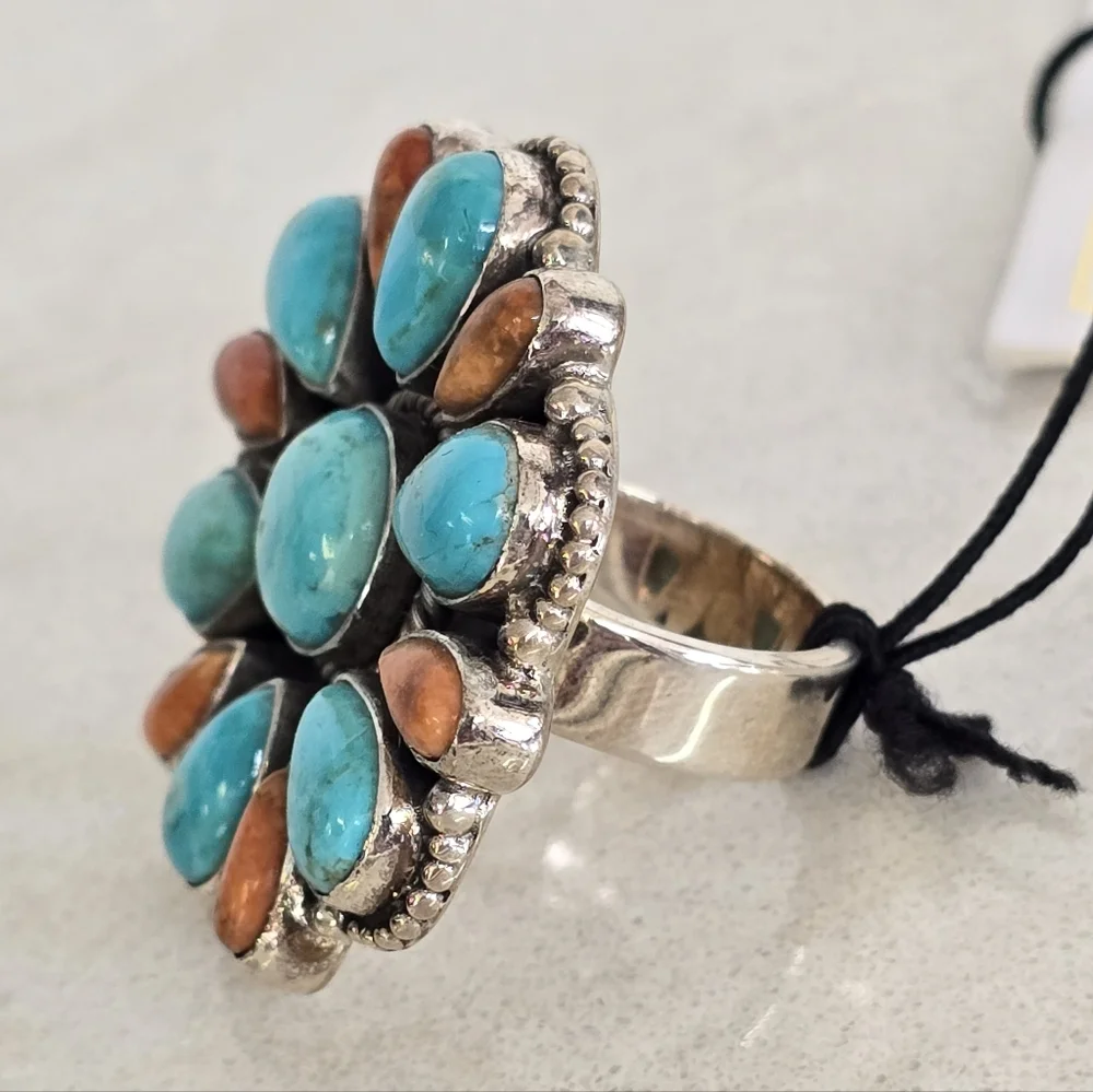 Large Sterling Silver Mohave Blue & Orange Turquoise Cluster Floral Ring 7 NWT